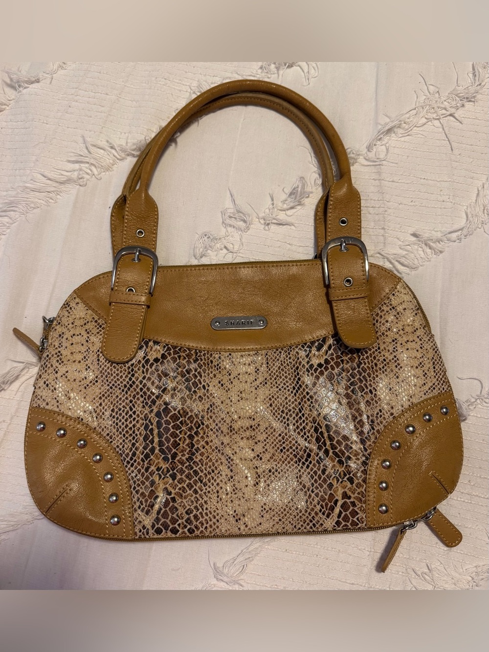 Sharif Tan Snake-Print Shoulder Bag with Stud Accents